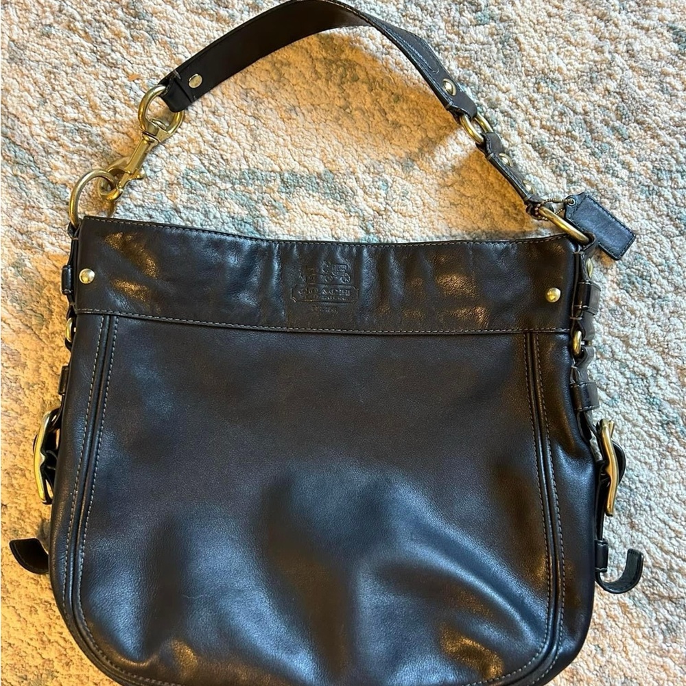 Coach Black Leather Shoulder Bag with Gold Accents
